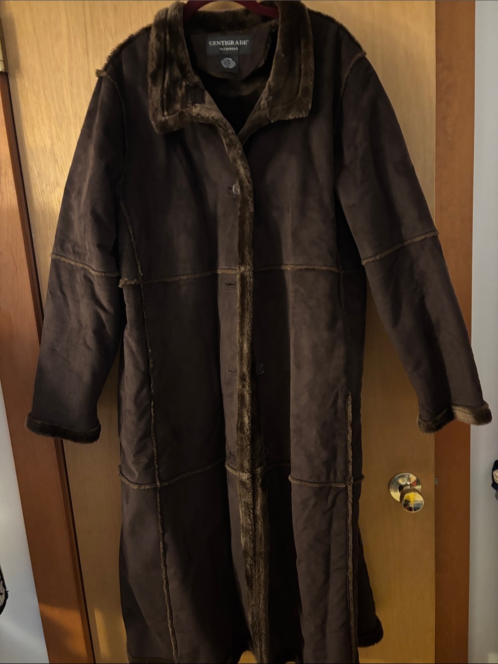 Centigrade Dark Brown Faux Shearling Long Trench Coat Sz lg